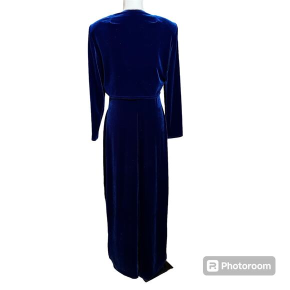 Vintage 90s Royal Blue Velvet Maxi Dress Jacket Set Size M Rhinestone Trim Prom - Picture 4 of 11